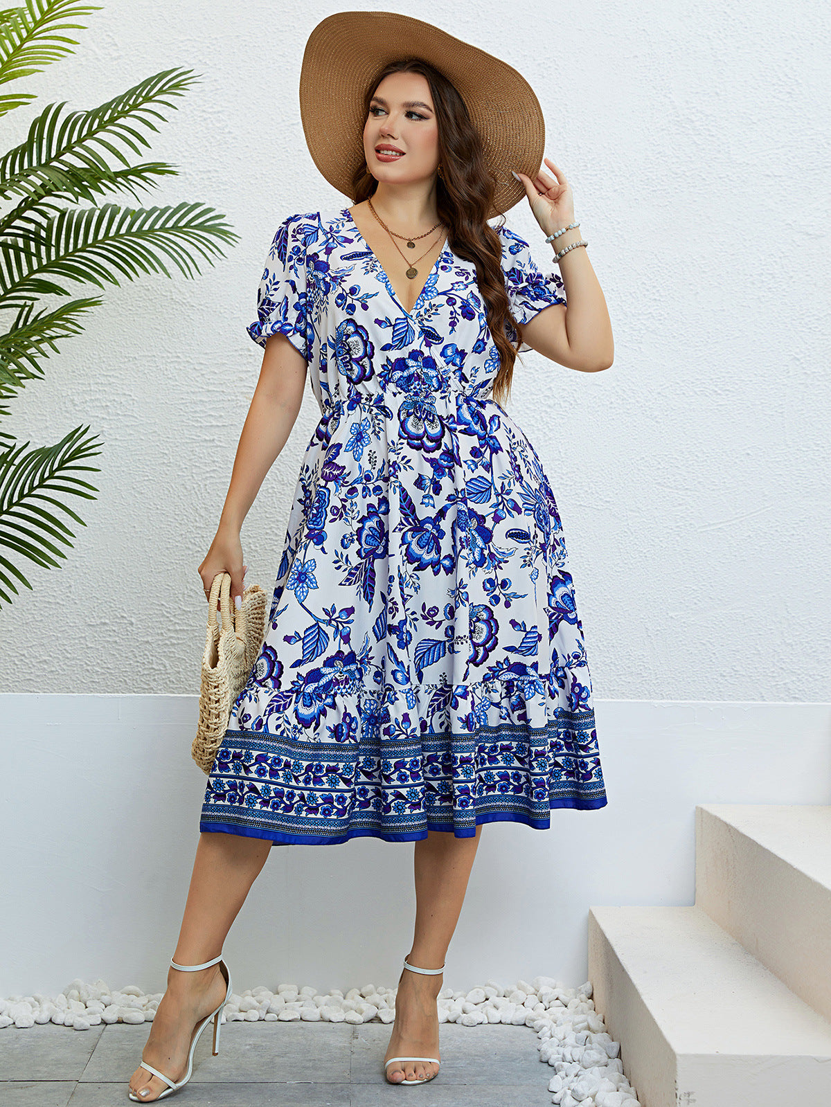 European And American Summer V-neck Half Cardigan Waist Slimming Dress