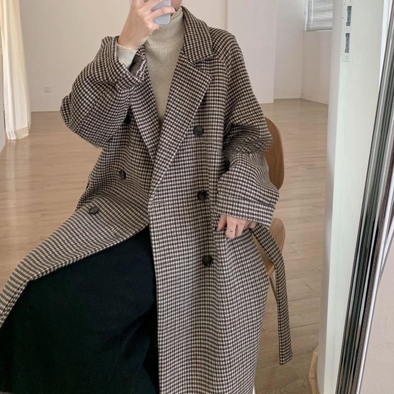 Women's Fashionable Loose Mid-length Houndstooth Plaid Coat
