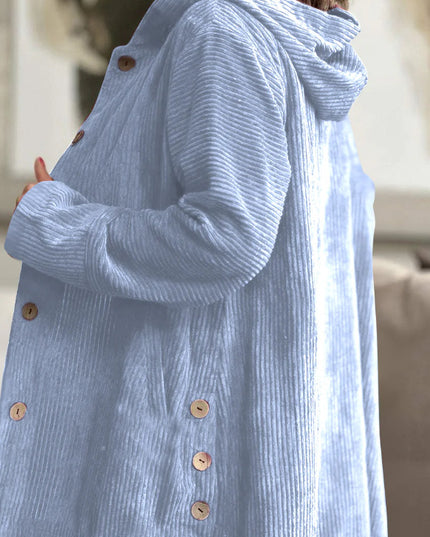 Corduroy hooded jacket with a mid-length -  button closure, and pockets