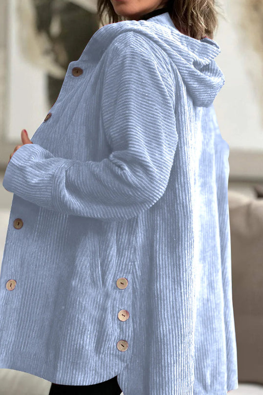 Corduroy hooded jacket with a mid-length -  button closure, and pockets