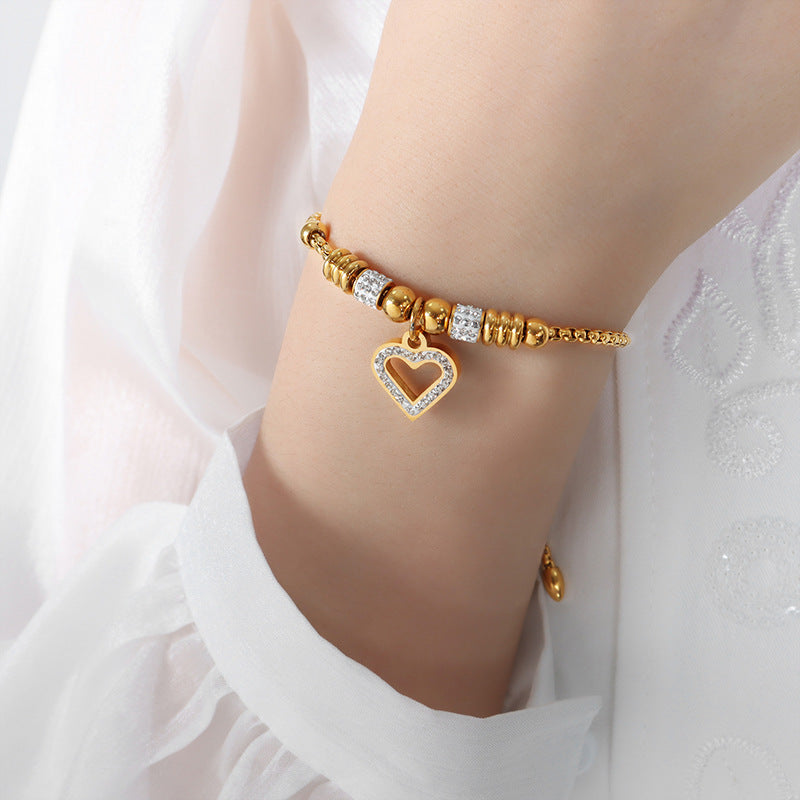 Peach Heart Studded Full Drill Chain Titanium Steel Bracelet