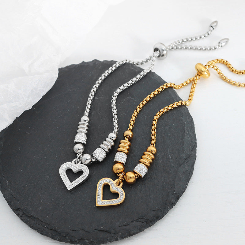 Peach Heart Studded Full Drill Chain Titanium Steel Bracelet