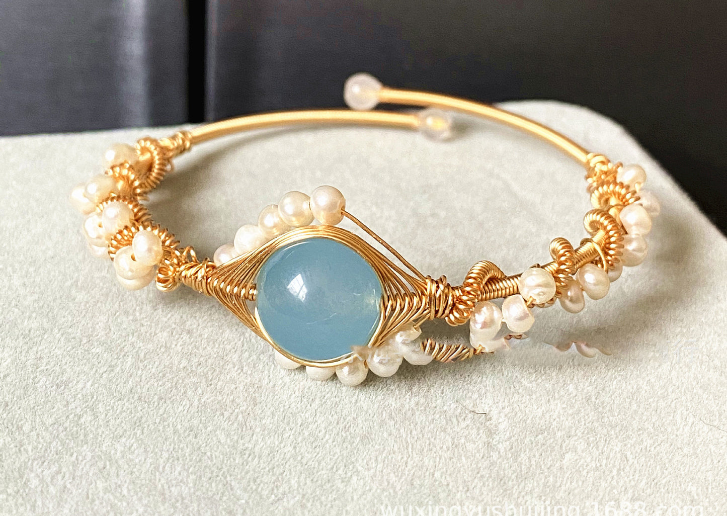 14K Gold Wrapped Handmade Sapphire Natural White Pearl Bracelet