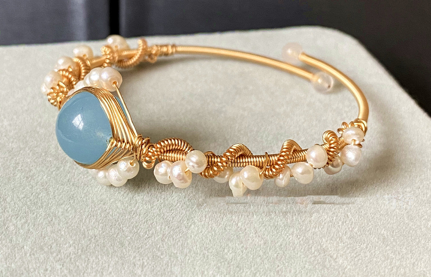 14K Gold Wrapped Handmade Sapphire Natural White Pearl Bracelet