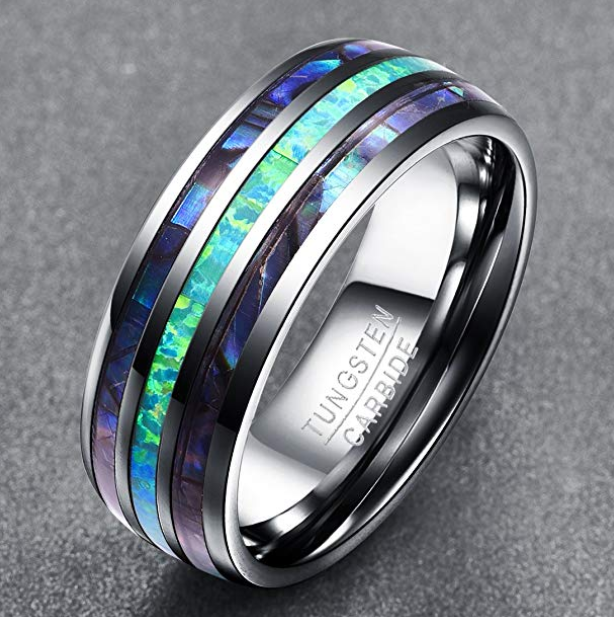 Carbide Wedding Ring Band Abalone Shell And Synthetic Opal For Men And Women