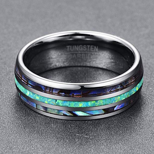 Carbide Wedding Ring Band Abalone Shell And Synthetic Opal For Men And Women