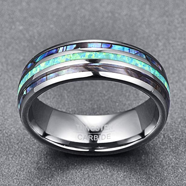 Carbide Wedding Ring Band Abalone Shell And Synthetic Opal For Men And Women