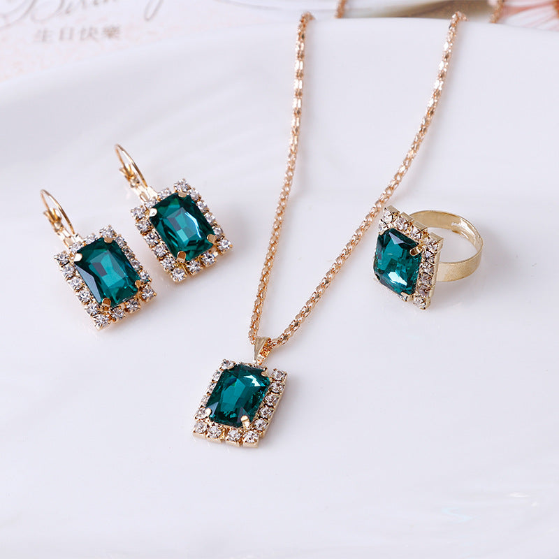 Saucony Crystal Necklace Earring Ring Three Piece Set