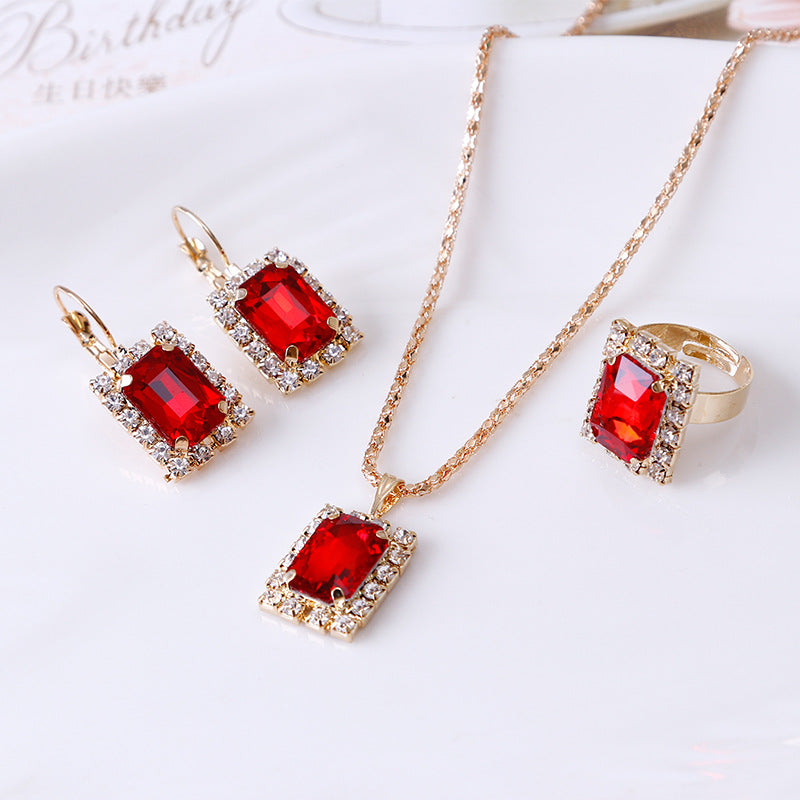 Saucony Crystal Necklace Earring Ring Three Piece Set