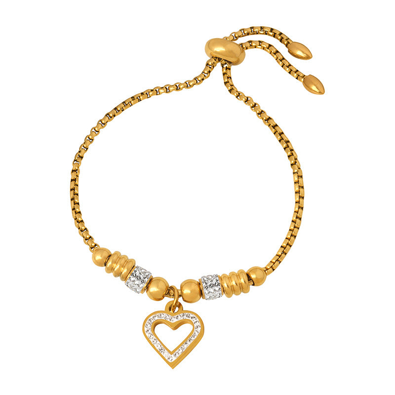 Peach Heart Studded Full Drill Chain Titanium Steel Bracelet