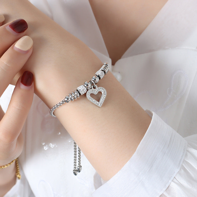 Peach Heart Studded Full Drill Chain Titanium Steel Bracelet