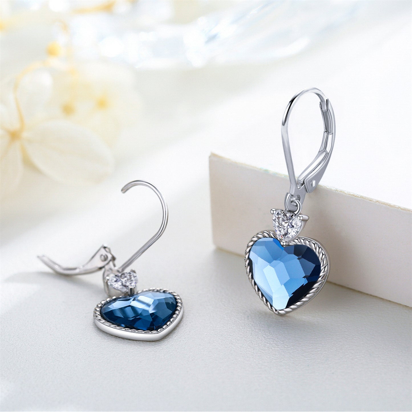 SAYCONA Crystal Dangle Earrings, Blue Heart Drop Earrings